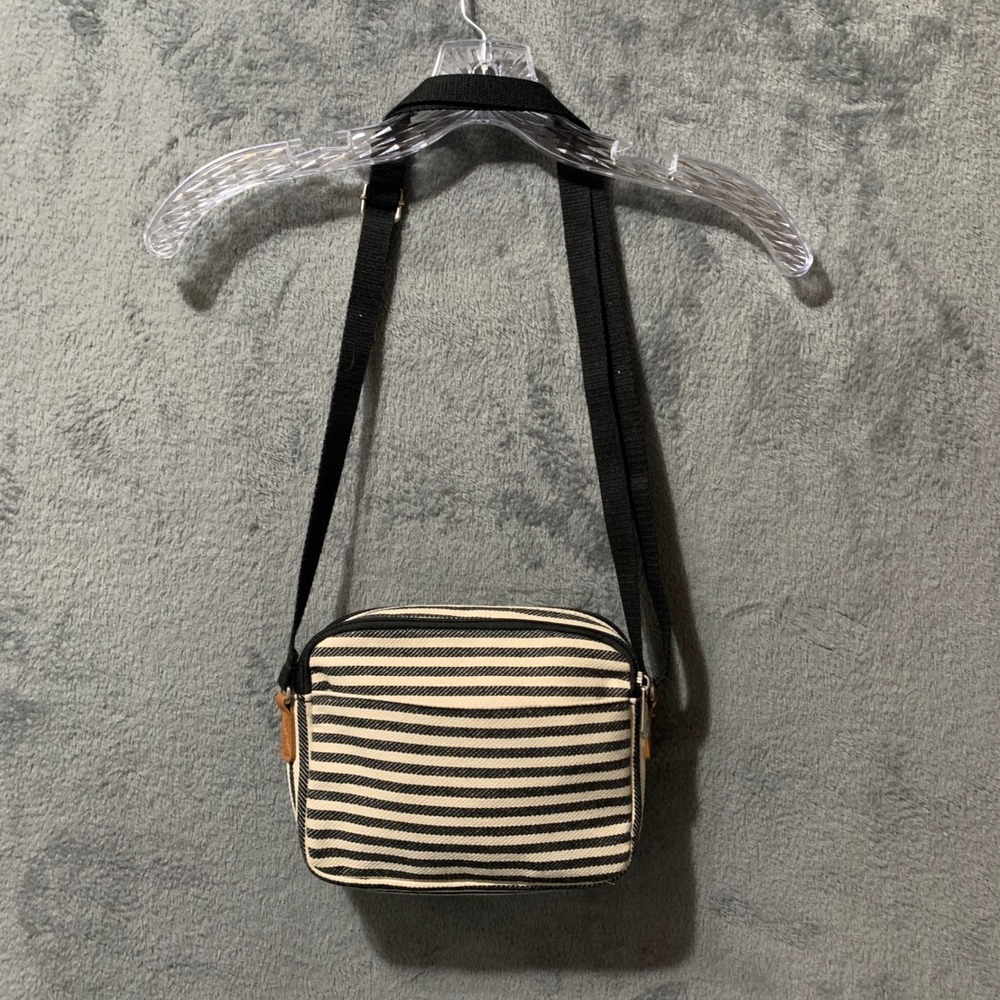 Thirty-One Black White Striped Cotton Canvas Crossbody Camera Bag Purse